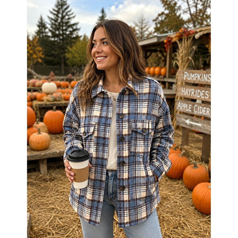 Forever 21 Women's Plaid Button-Up Shirt Jacket Pockets Blue/White/Brown M